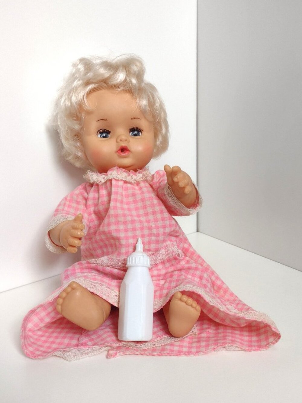 Vintage Drink & Wet Sleepy Blinky Eyes Baby Doll w/ Bottle & Pink Gingham Dress